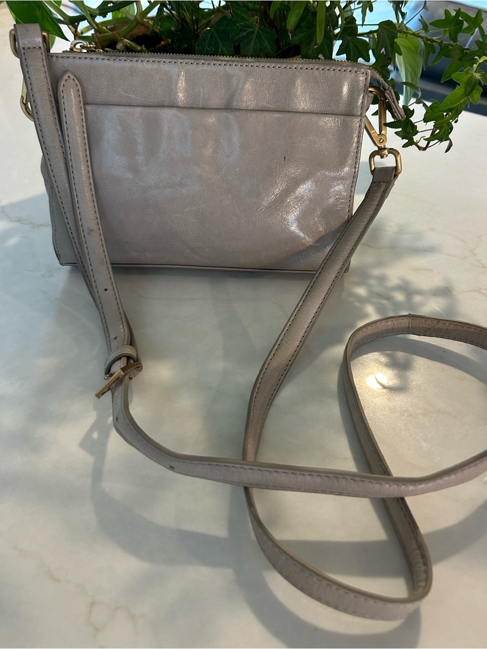 HOBO Mini Light Gray Leather Crossbody Bag Gold Hardware Minimalist